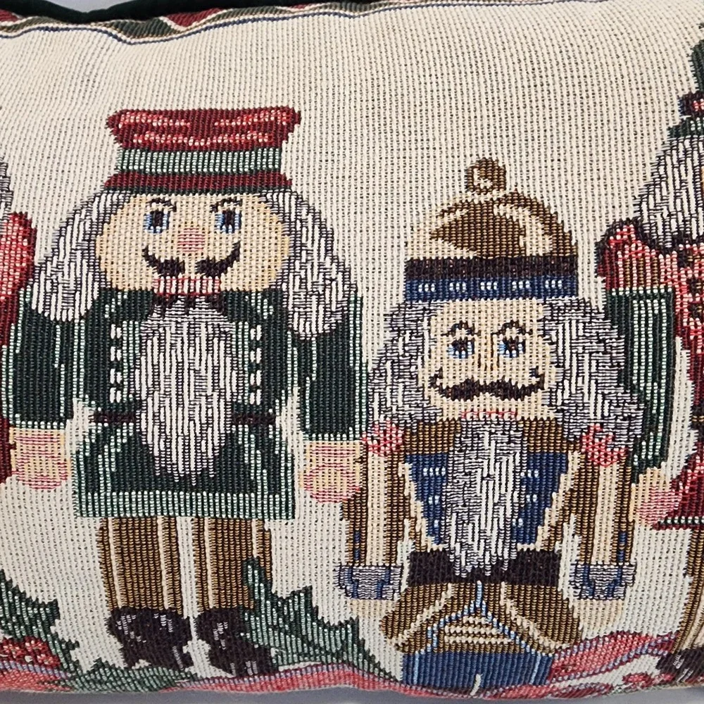 Nutcracker Tapestry Lumbar Pillow Green Velvet Back Christmas Holiday Decor